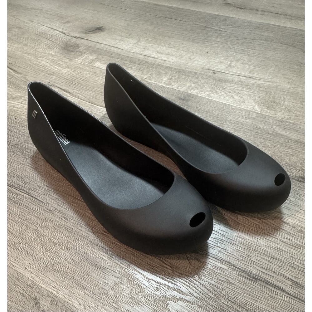 Melissa Sz 10 Round Peep Toe Black Flats EUC Shoes PVC